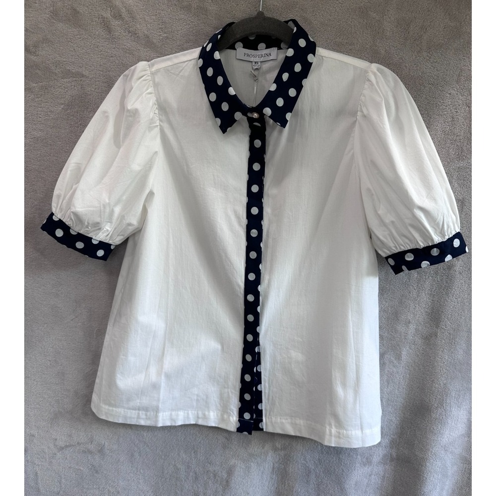 NWT Prosperina Penny Top White Navy Polka Dot Puff Sleeve Blouse Pearl XS